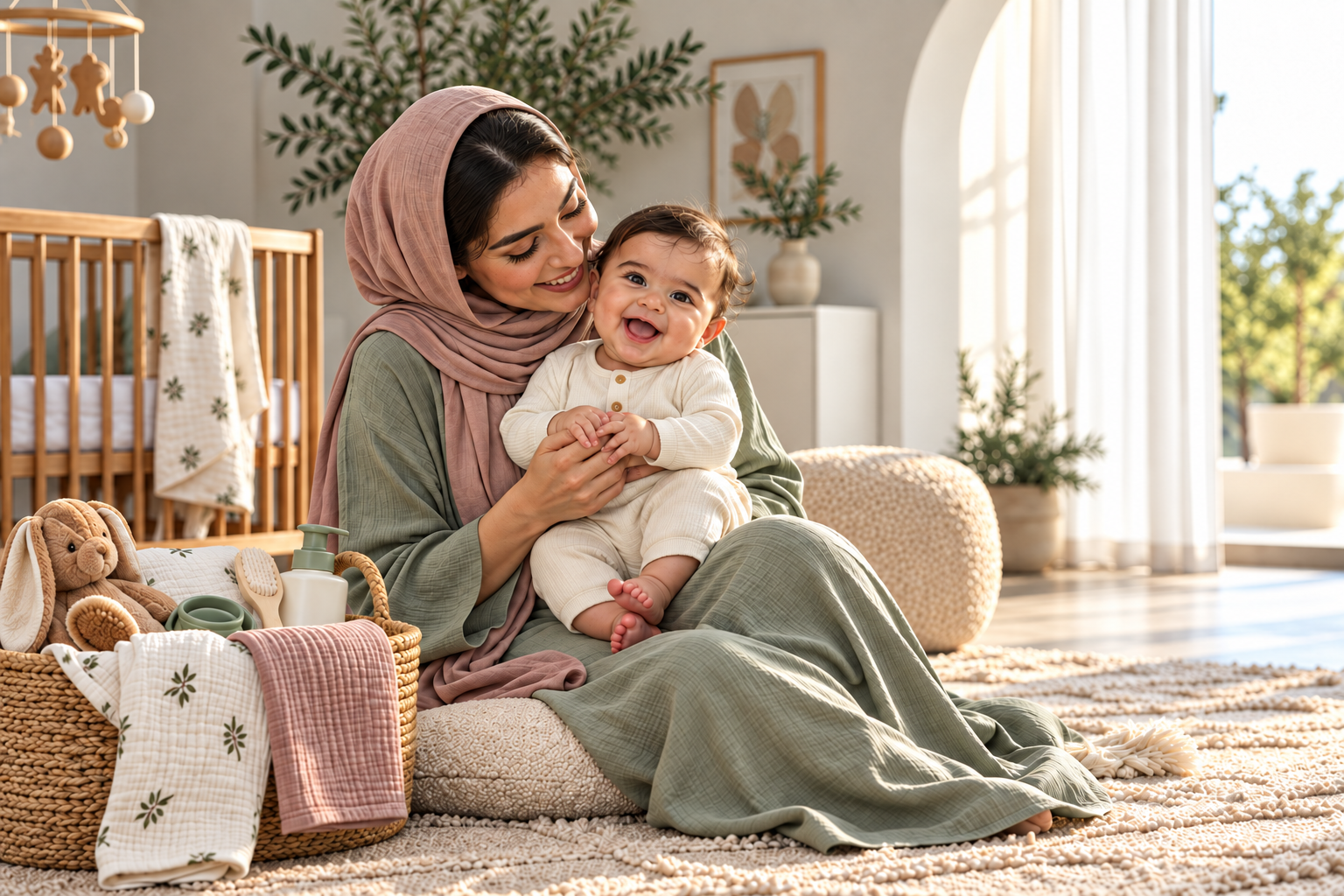 A mother and her baby sharing a warm moment in the nursery